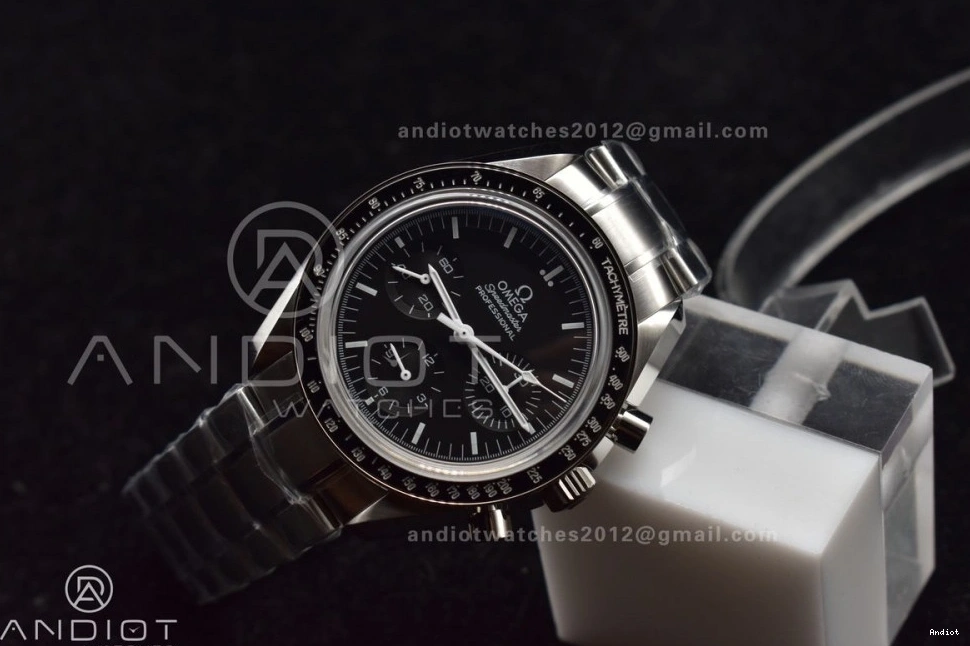 OMF on Manual Sapphire SS Transparent Winding Black with SS MoonWatch Movement Dial Chrono Speedmaster Bracelet Back Crystal 0401